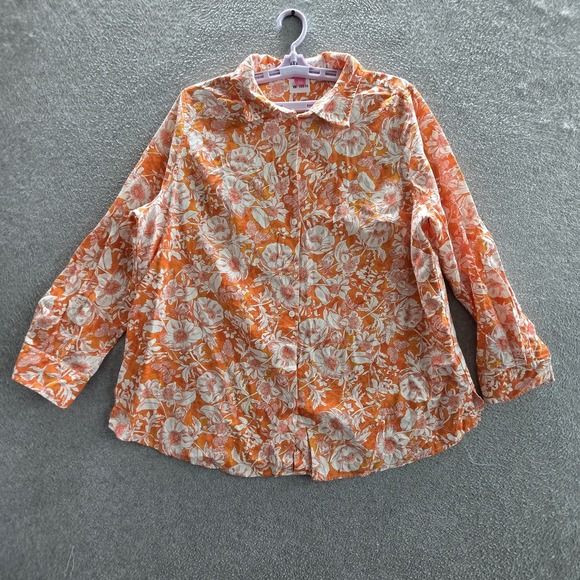 Woman Within Tops - Woman Within Women Button Up Shirt L (18/20) Orange Linen‎ Rayon Floral Artsy